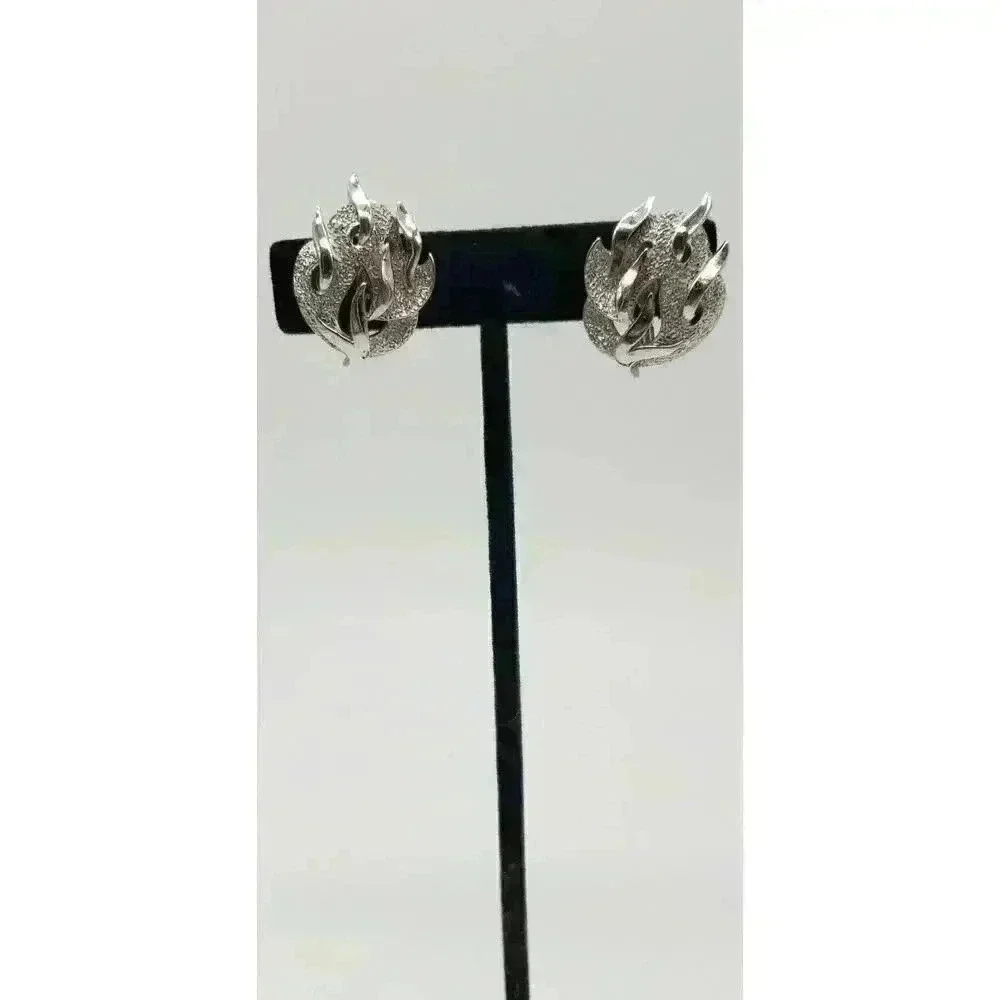 Vintage Crown Trifari Brooch Earrings Set MCM Fire & Ice Flames Silver RARE